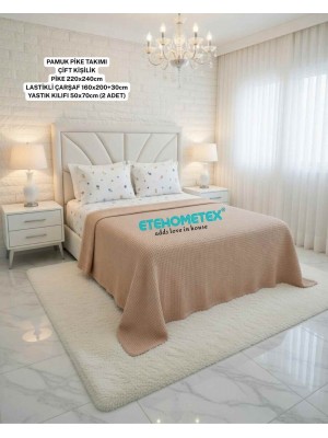 ETEHOMETEX ÇİFT KİŞİLİK %100 PAMUK HAVUZLU PİKE TAKIMI BEJ 8696474232071